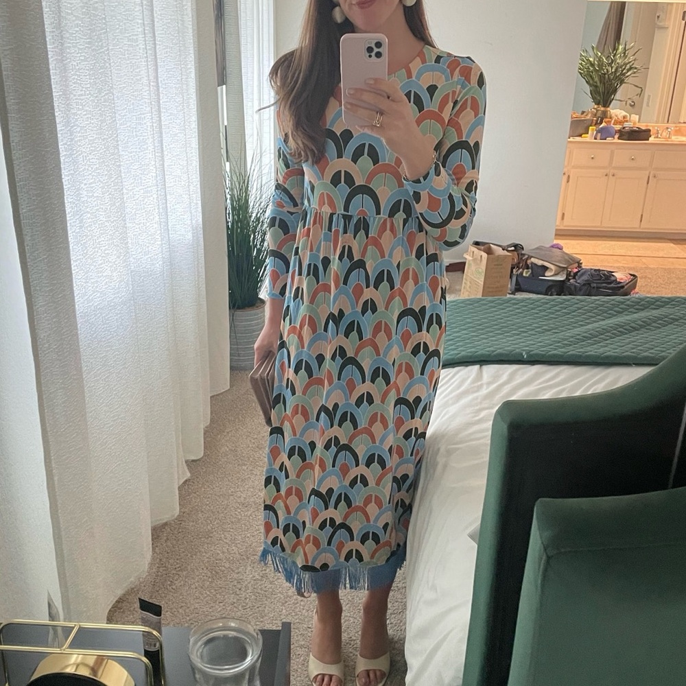 Cara cara long sleeve midi dress geometric // blue with tassels